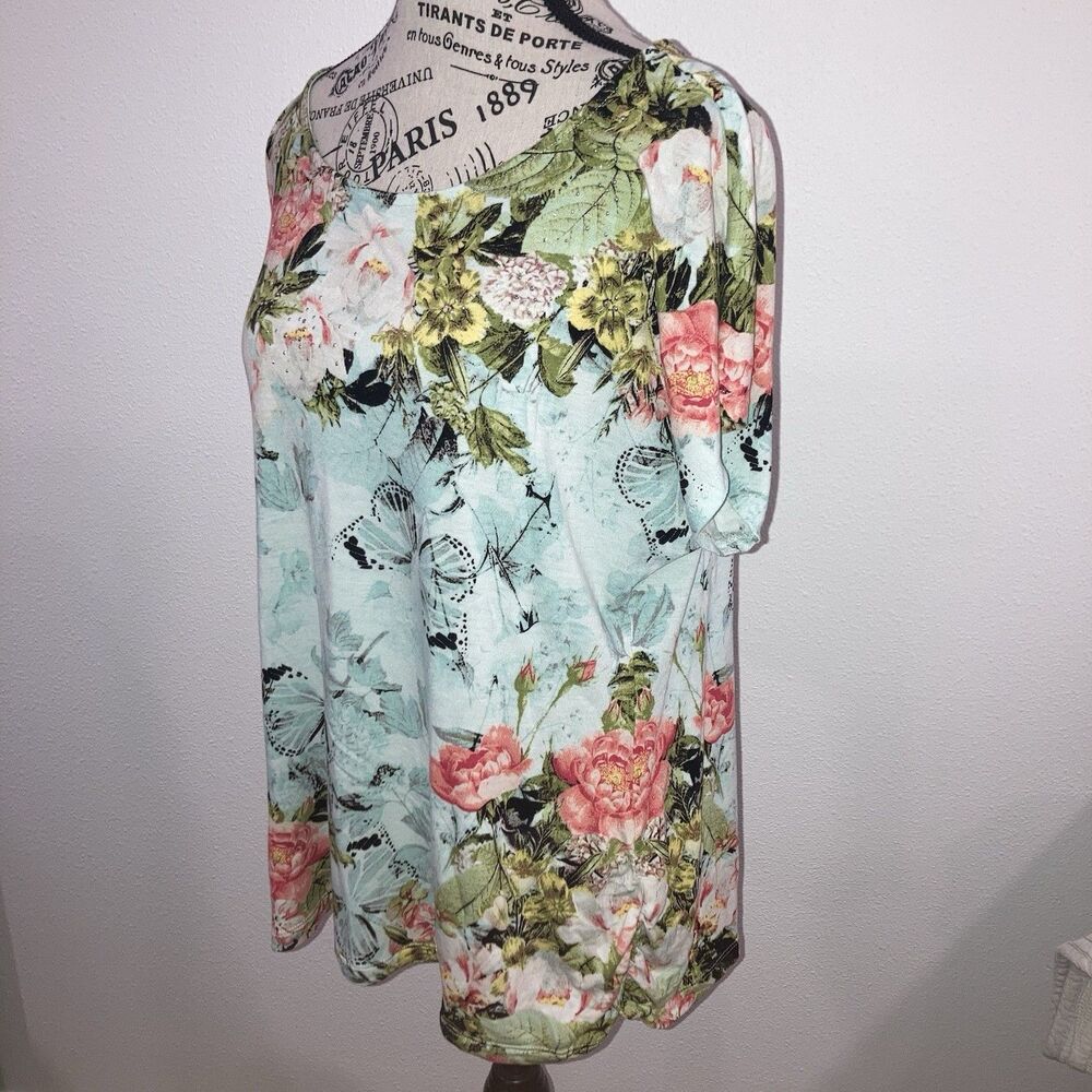 Apt. 9 Floral Butterfly Print Beaded Dolman Sleeve Blouse Blue Pink Extra Large